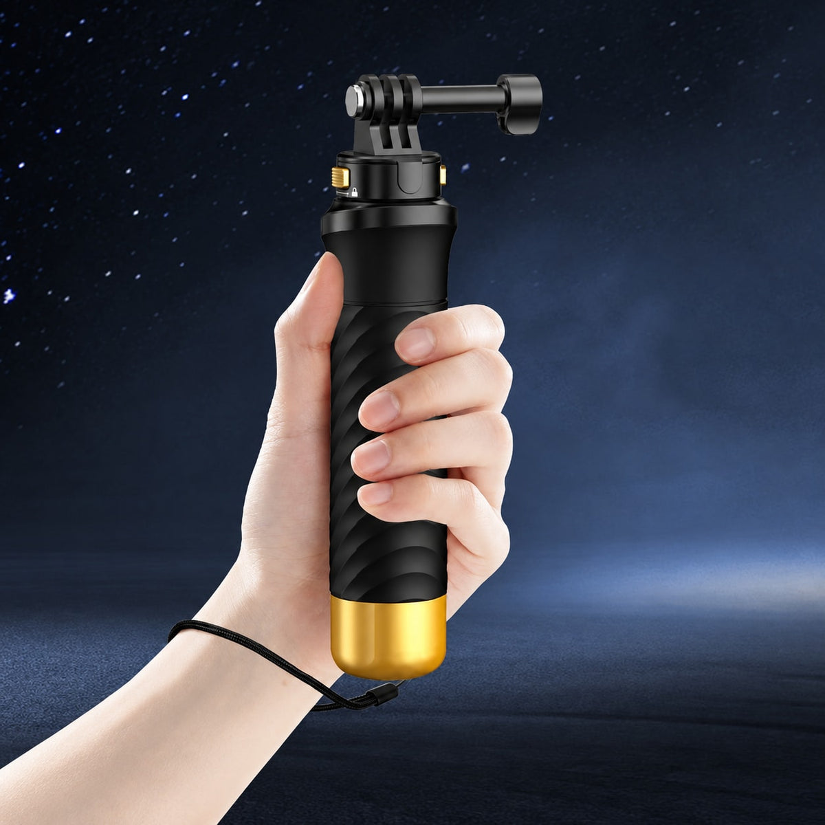 BARUNOR square scene 20261019: Square handheld scene showing the black floating grip with gold-colored end cap