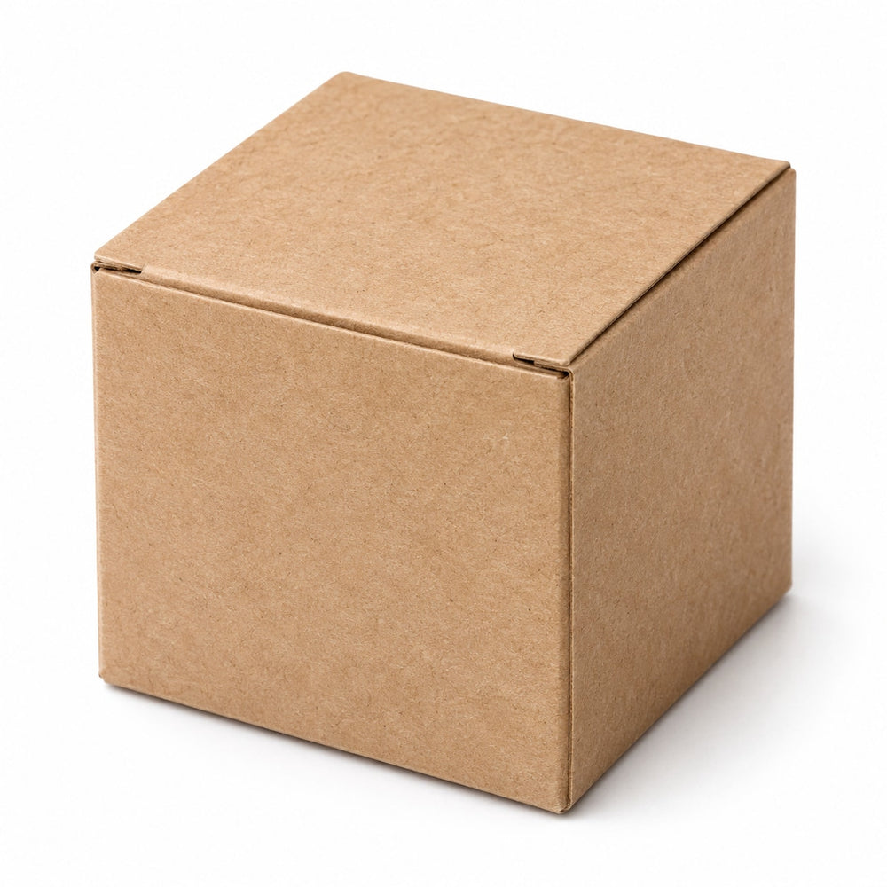 Test kraft paper box, 2 x 2 x 2 cm, on a white background; AI-generated product illustration