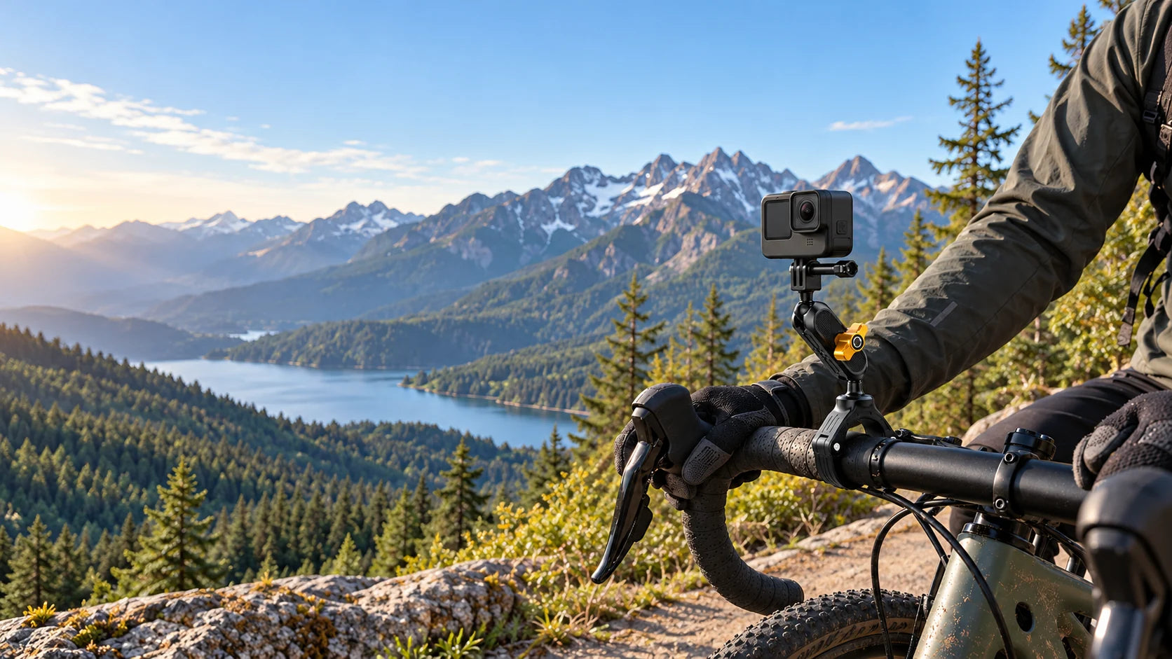 Illustrative scene of an action camera on a handlebar mount at a mountain overlook