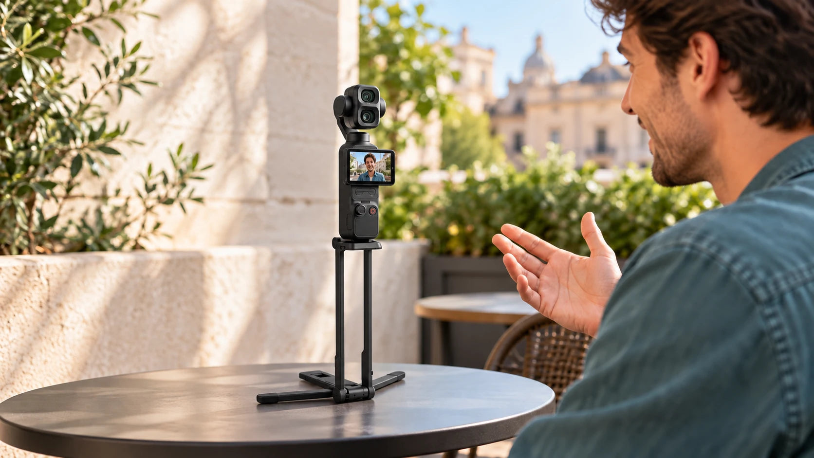 Illustrative scene of a pocket-style gimbal camera on a compact folding support at a cafe terrace