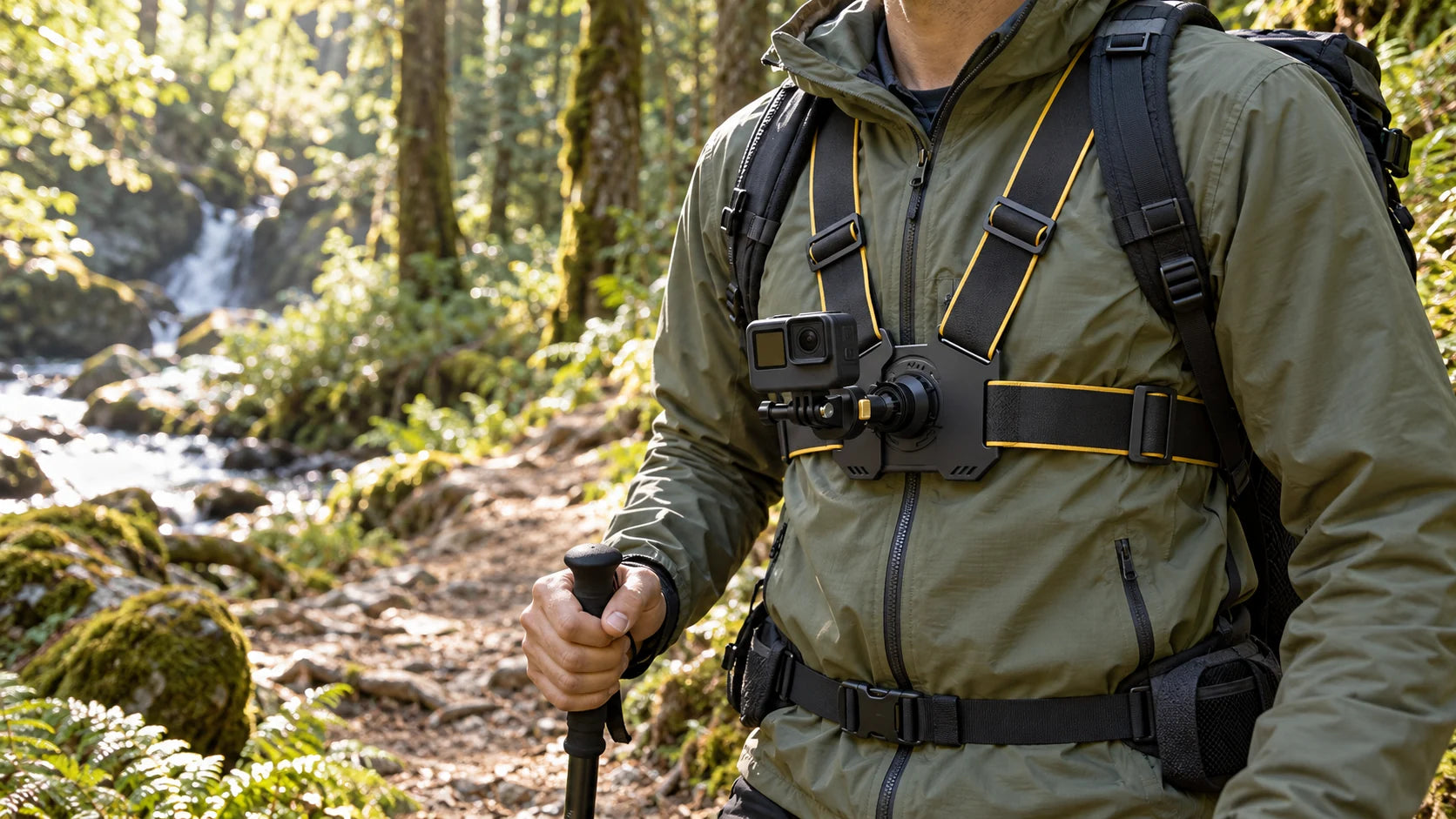 Illustrative scene of a chest-mounted action camera on a hiker standing on a forest trail