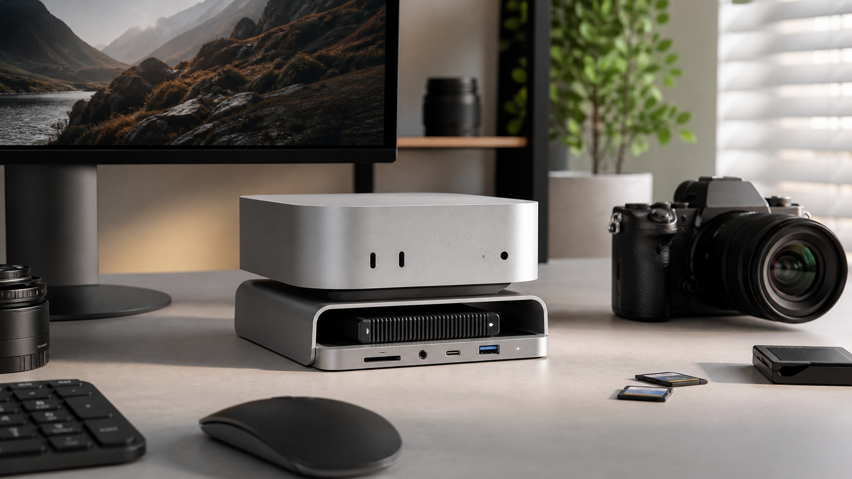 Mac mini stand hub on creator desk